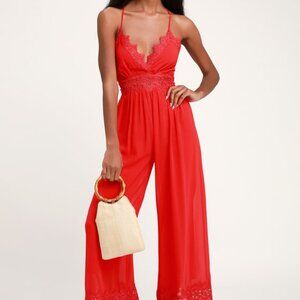 Lulus Sunny Day Dream Red Lace Culotte Jumpsuit - Size L